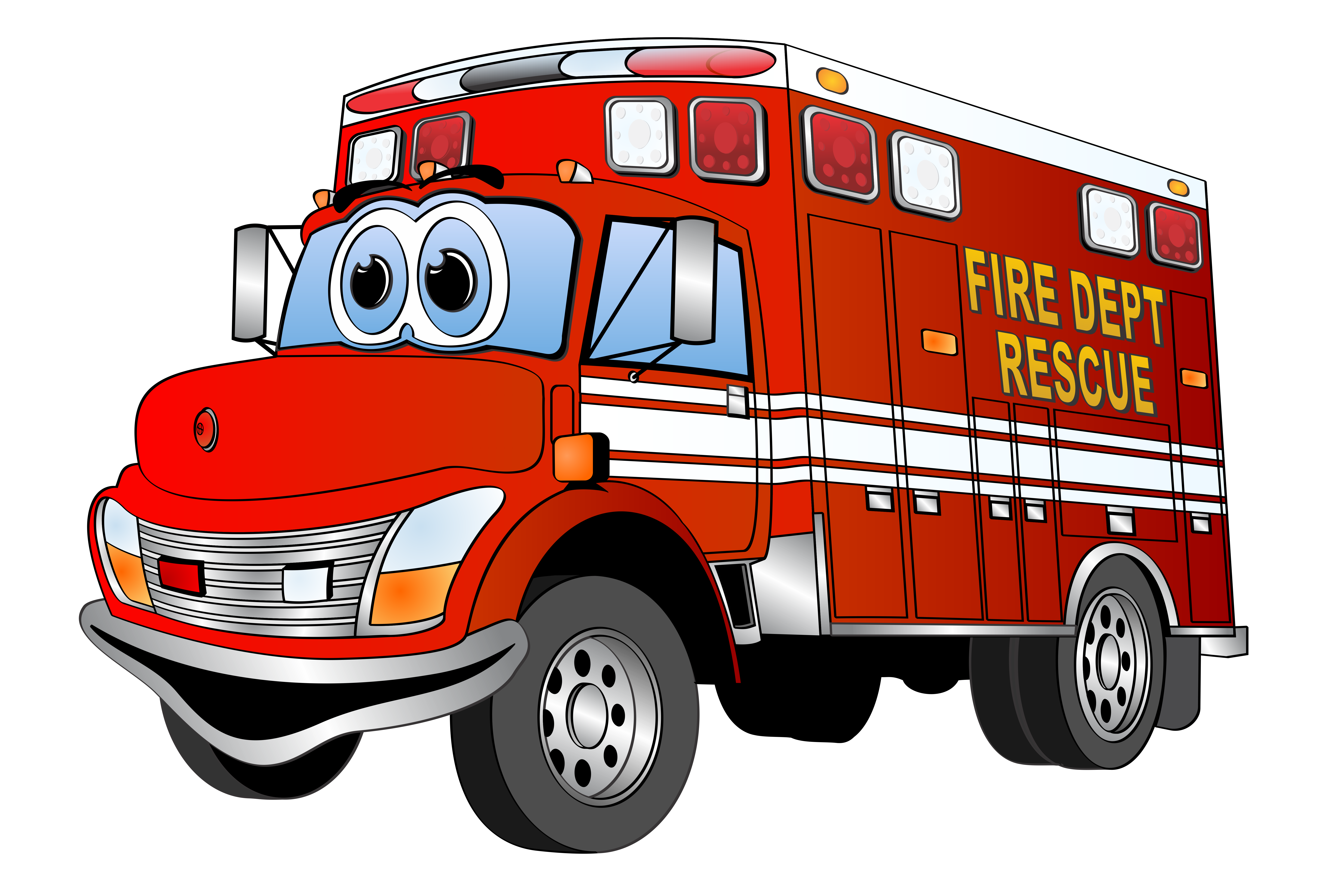 Friendly Cartoon Fire Rescue Truck With Eyes And Smiling Face PNG Illustration