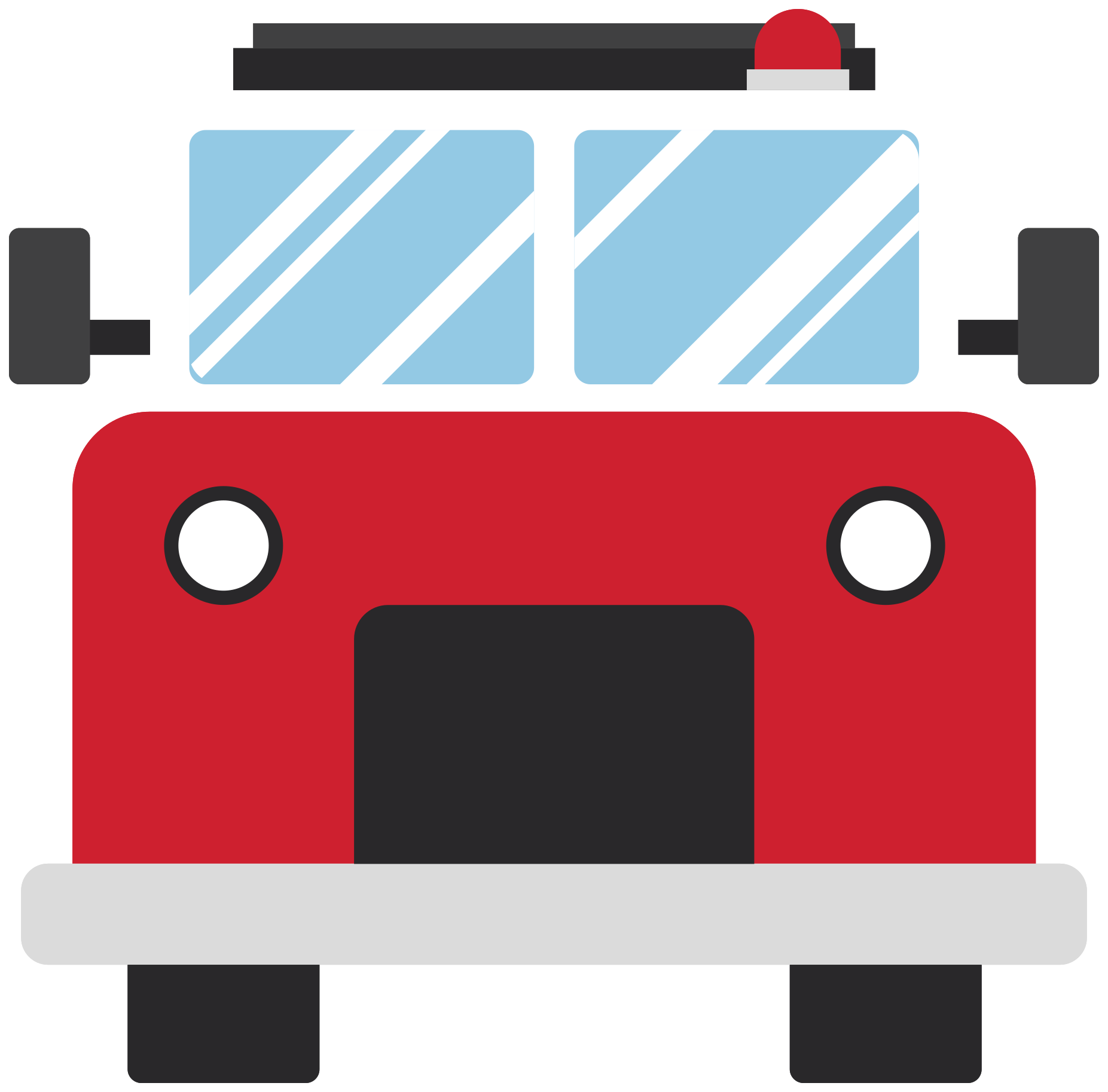 Front View Red Fire Engine Cartoon With Blue Windshield And Roof Lights PNG Icon