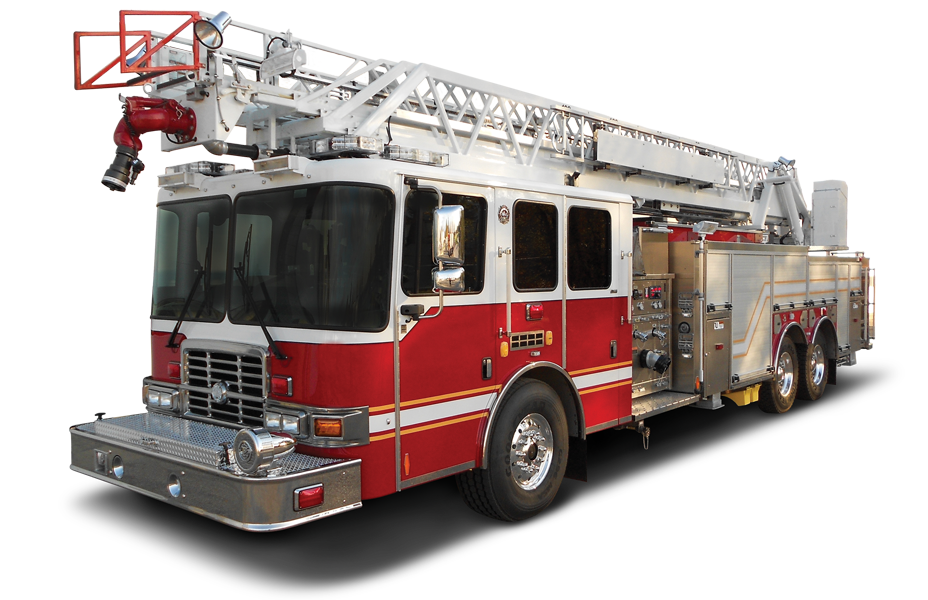 Red Aerial Ladder Fire Truck With Extended Rescue Platform PNG Illustration