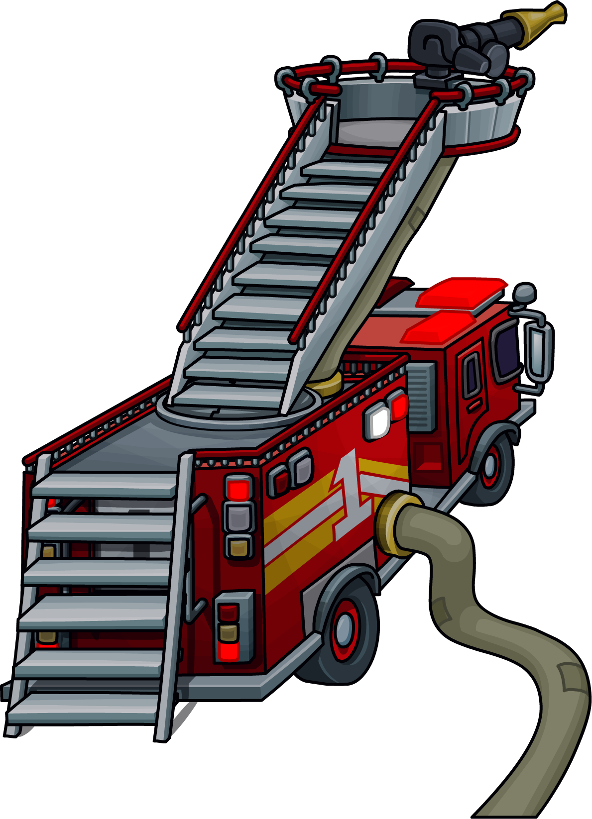 Red Aerial Ladder Fire Truck With Extended Water Hose PNG Illustration
