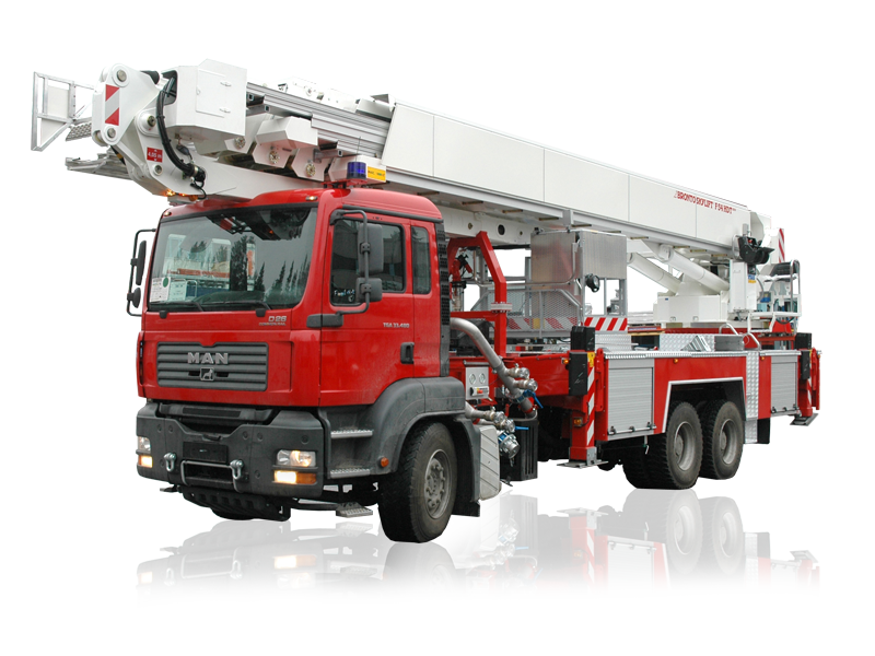 Red Aerial Platform Fire Truck With Extended Ladder In City PNG Photo