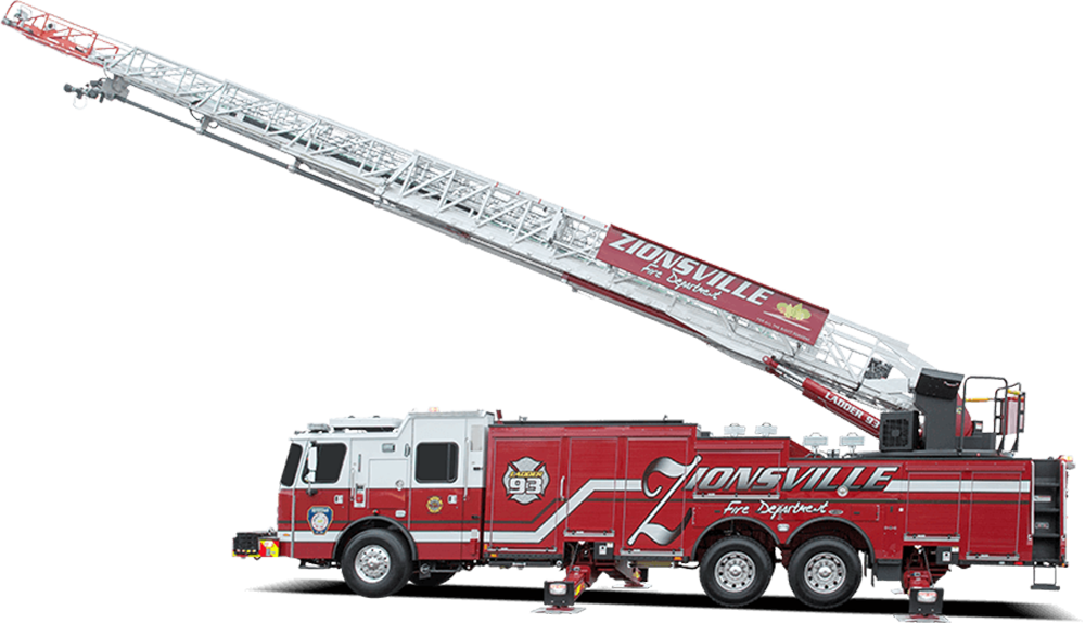 Red Aerial Platform Fire Truck With Extended Telescoping Ladder PNG Image