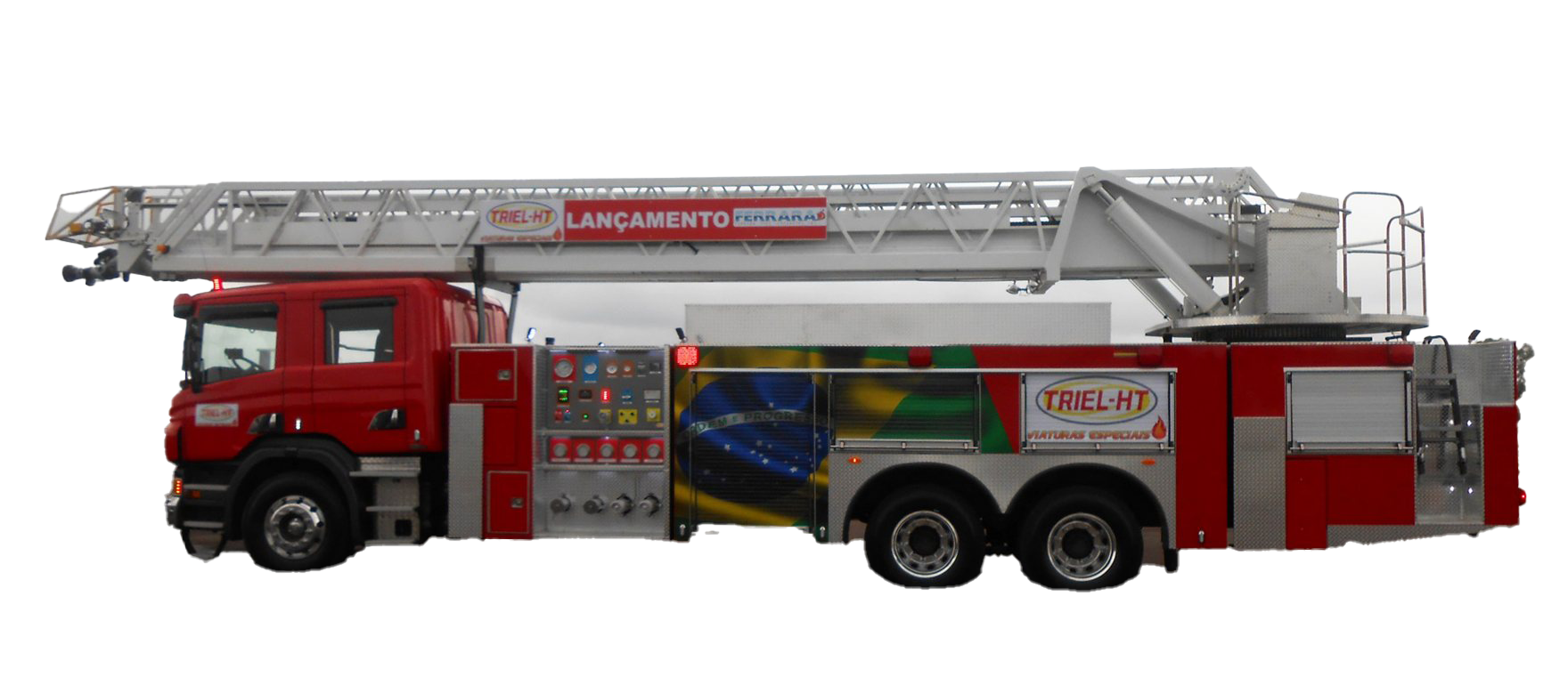 Red Aerial Platform Fire Truck With Long Extended Rescue Ladder PNG Image