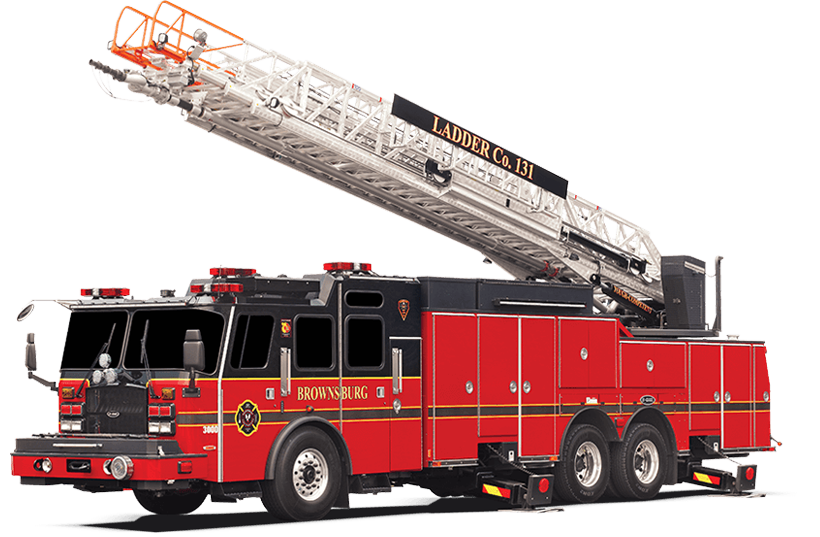 Red And White Aerial Ladder Fire Truck With Extended Boom PNG Photo