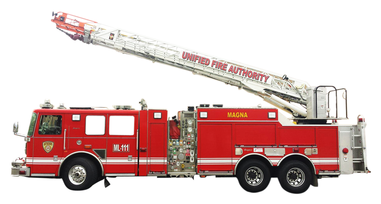 Red And White Aerial Ladder Fire Truck With Extended Rescue Platform PNG Image