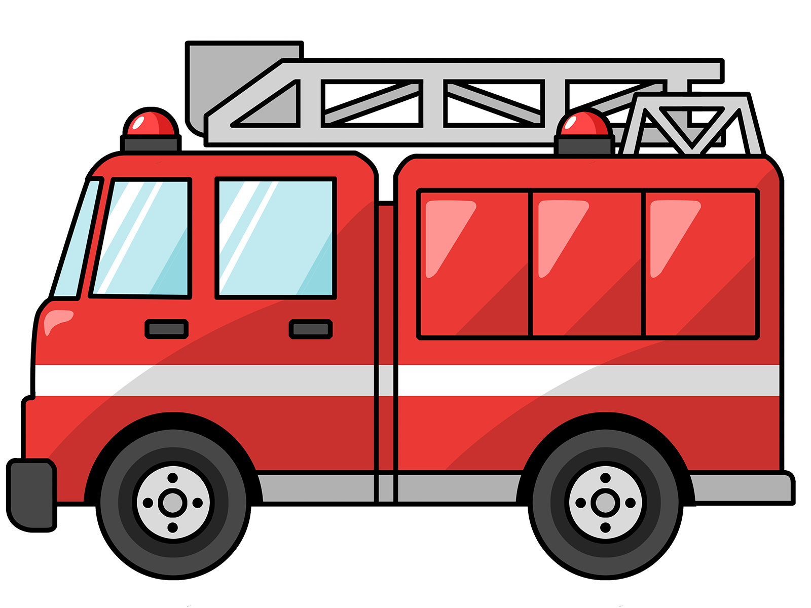 Cartoon Red Fire Engine with Roof Ladder