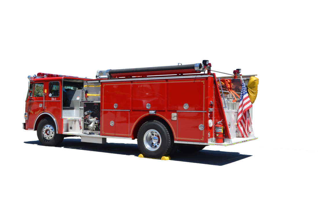 Red Fire Rescue Engine With Rear Equipment Storage And Roof Ladder PNG Graphic