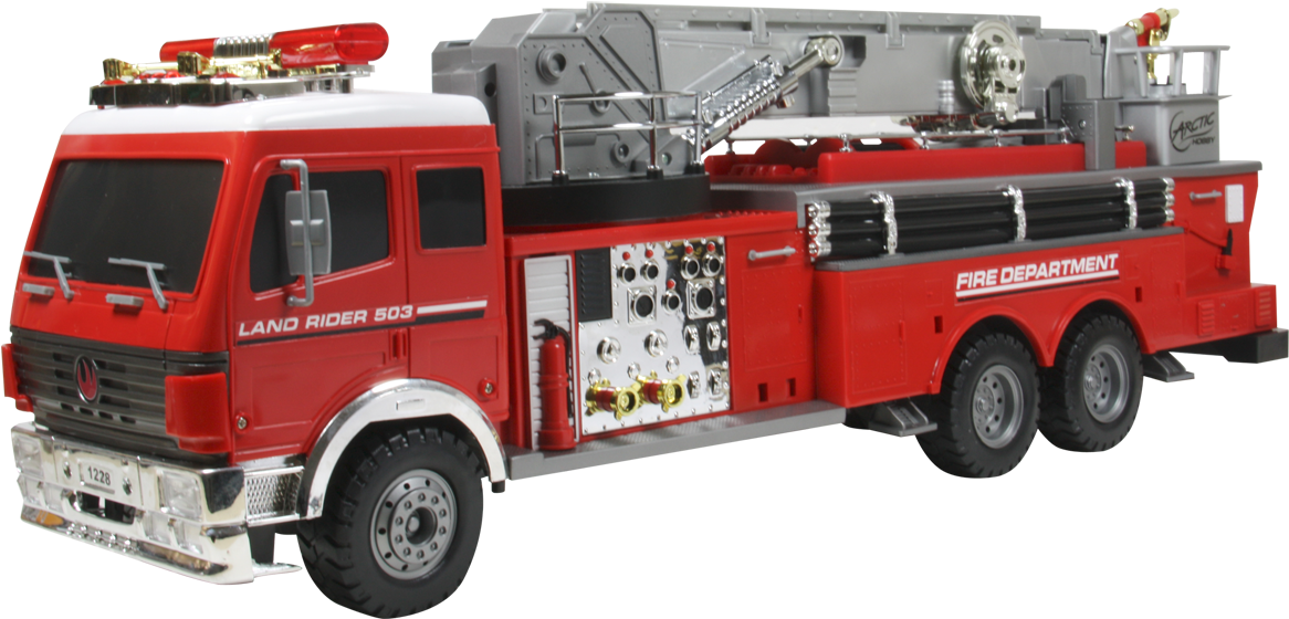 Red Fire Truck With Long Aerial Ladder And Water Cannon PNG Graphic