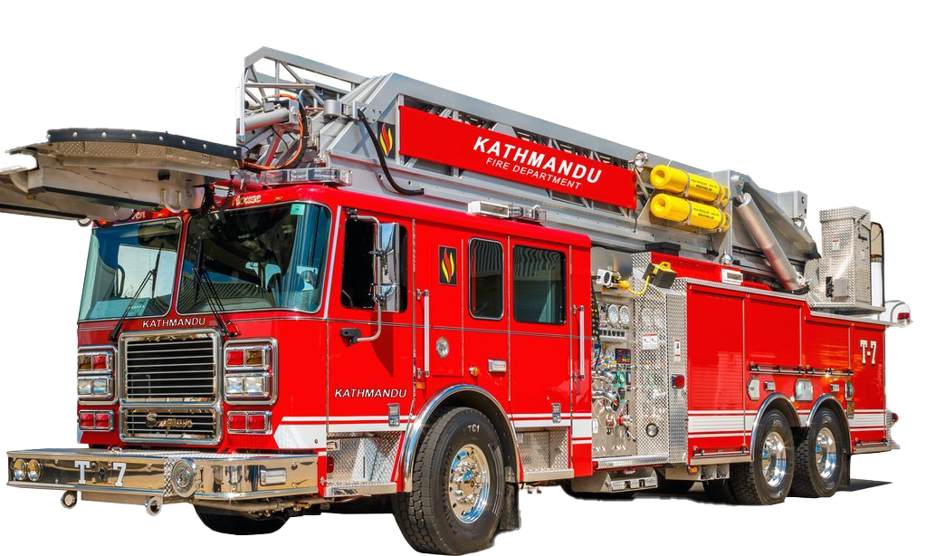 Red Heavy Rescue Fire Engine With Extended Hydraulic Ladder PNG Photo