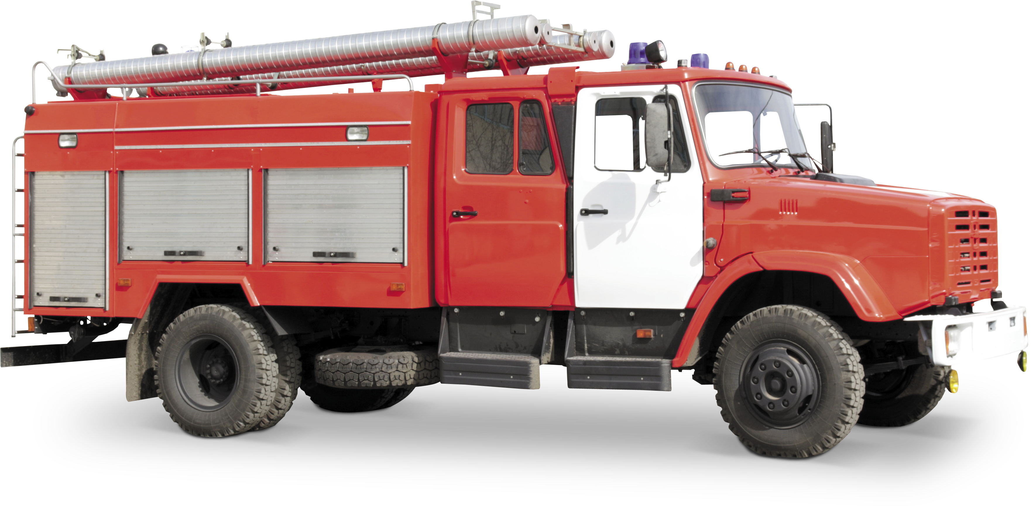 Red Off Road Fire Engine With Roof Ladder And Utility Tires PNG Vehicle Graphic