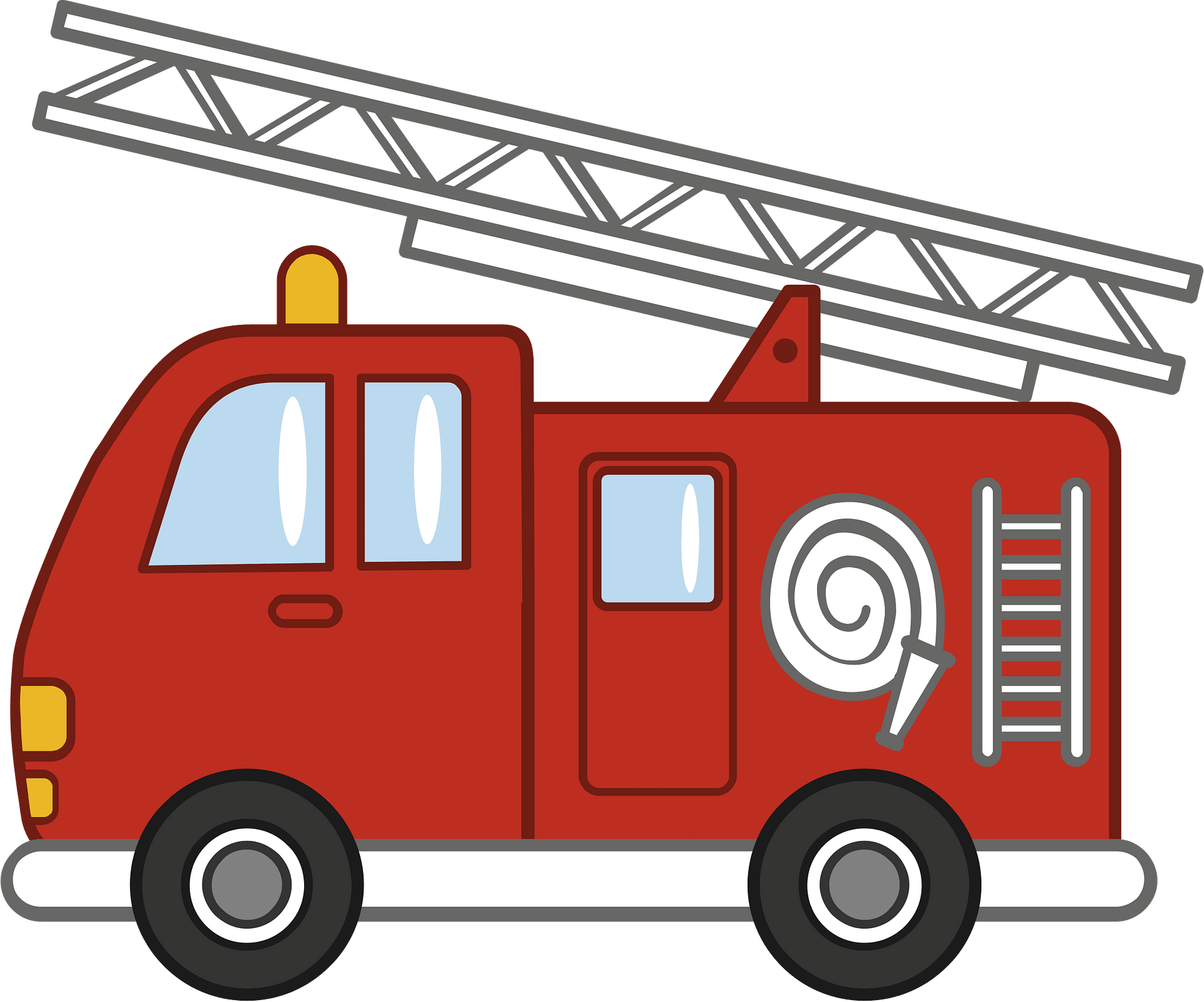 Simple Red Cartoon Fire Engine With Long Gray Ladder PNG Clipart