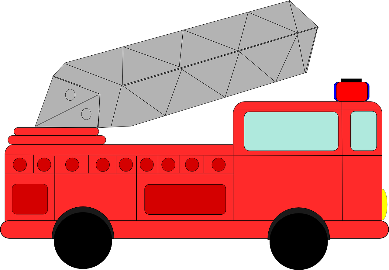 Simple Red Cartoon Fire Truck With Gray Ladder And Blue Windows PNG Icon
