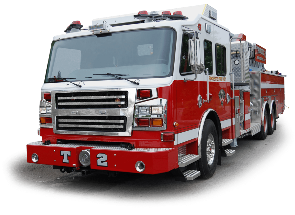White Front Fire Engine With Red Bumper And Roof Emergency Lights PNG Image