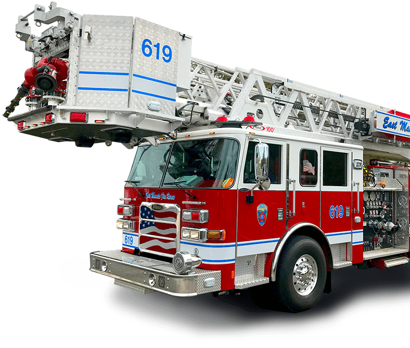Red Fire Department Ladder Truck With Raised Rescue Basket PNG Photo