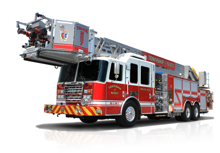 Red Fire Engine With Extended Aerial Platform And Warning Chevrons PNG Photo