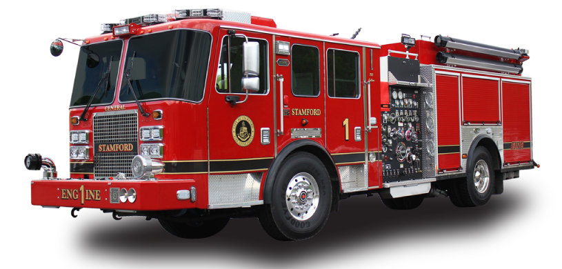 Red Fire Pumper Engine With Chrome Grill And Roof Ladder PNG Illustration