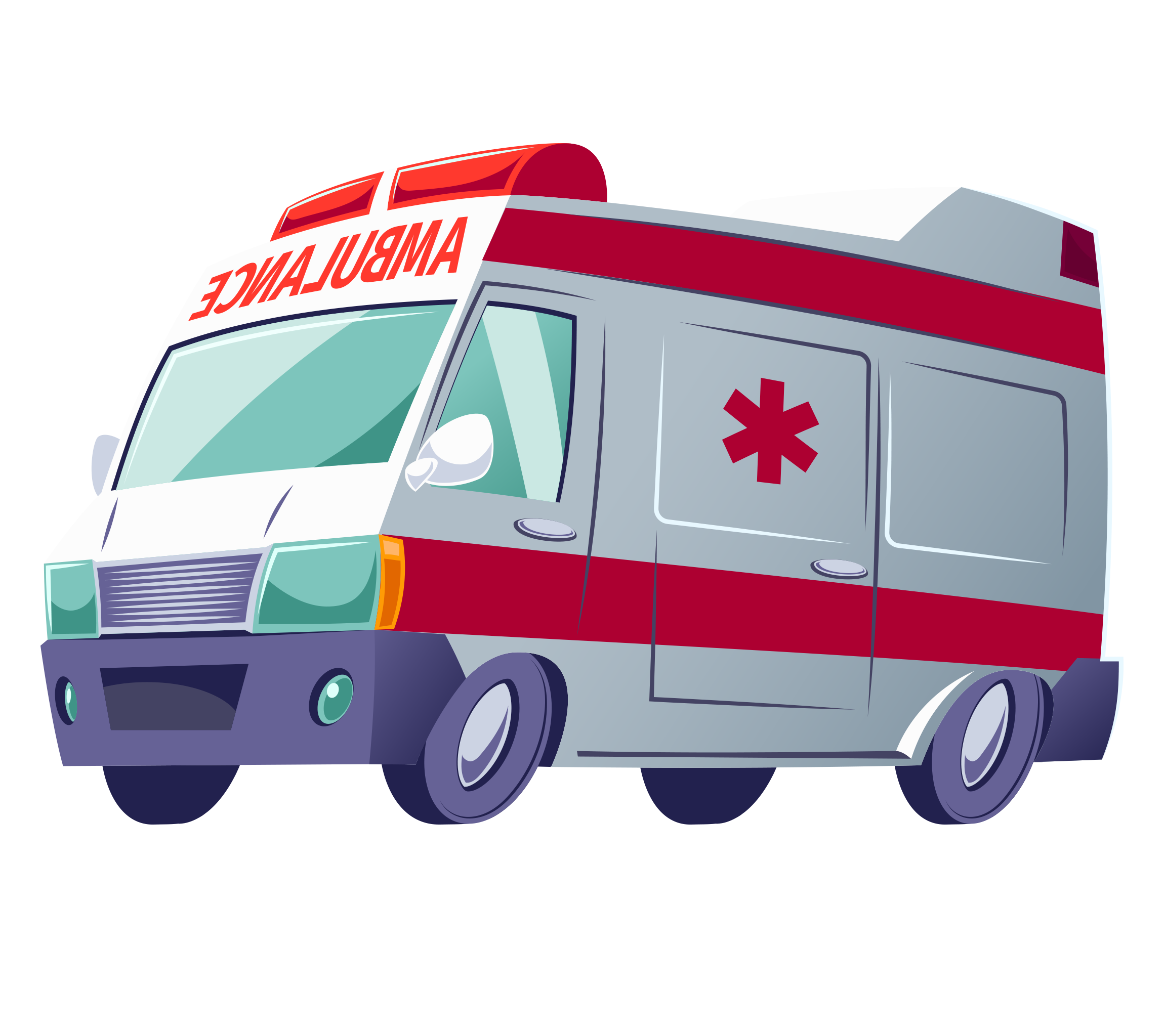 Colorful Teal And Purple Cartoon Ambulance Van PNG Character Illustration