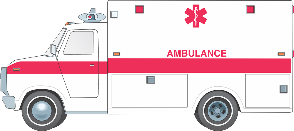 White Medical Ambulance With Red Stripe And Roof Lights PNG Illustration