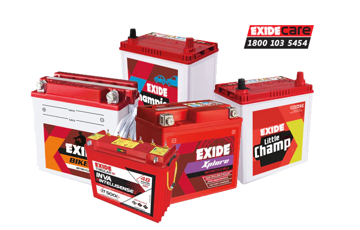 Assorted Red Exide Car Batteries Display With Different Models PNG Collection