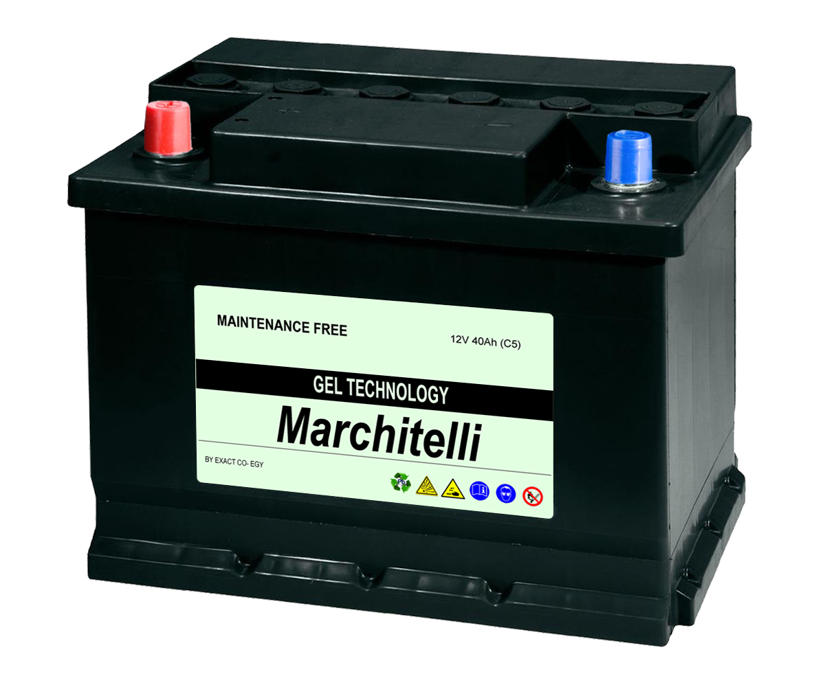Black Automotive Starter Battery With Blue And Red Terminals PNG Product Image