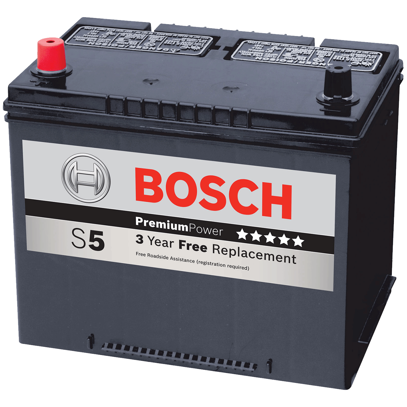 Black Bosch S5 Automotive Battery With Silver Brand Label PNG Image