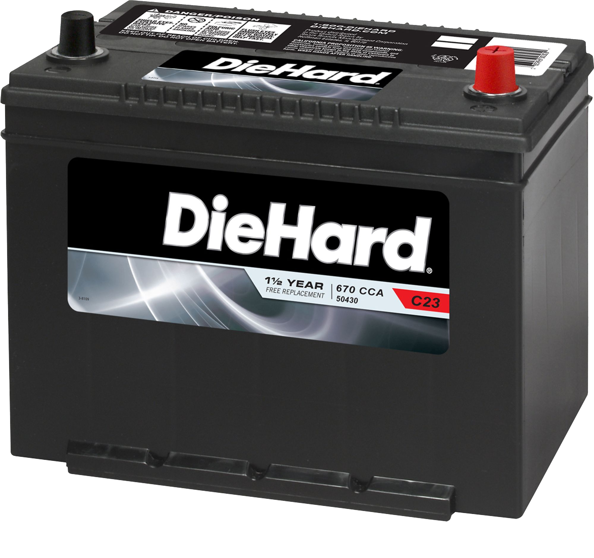 Black DieHard Automotive Battery With Silver Brand Label PNG Product Photo