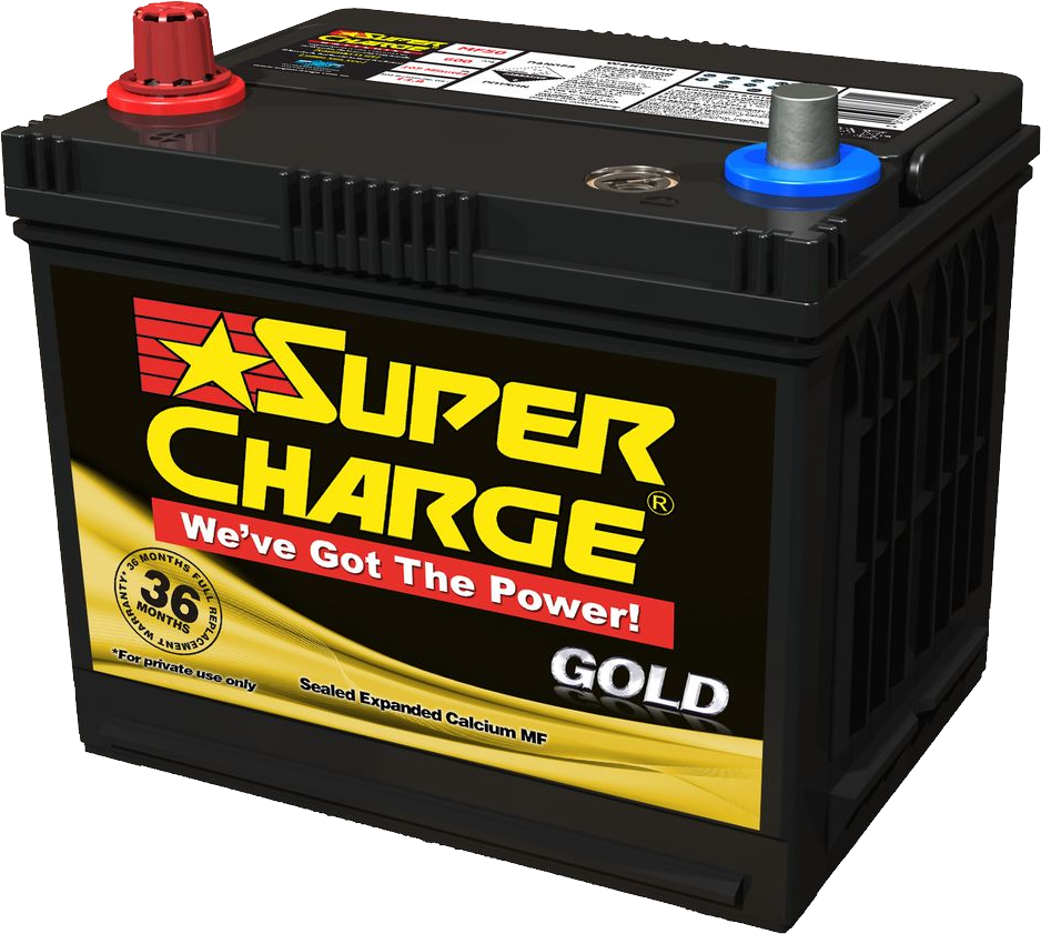 Black Super Charge Gold Car Battery With Yellow Lettering PNG Photo