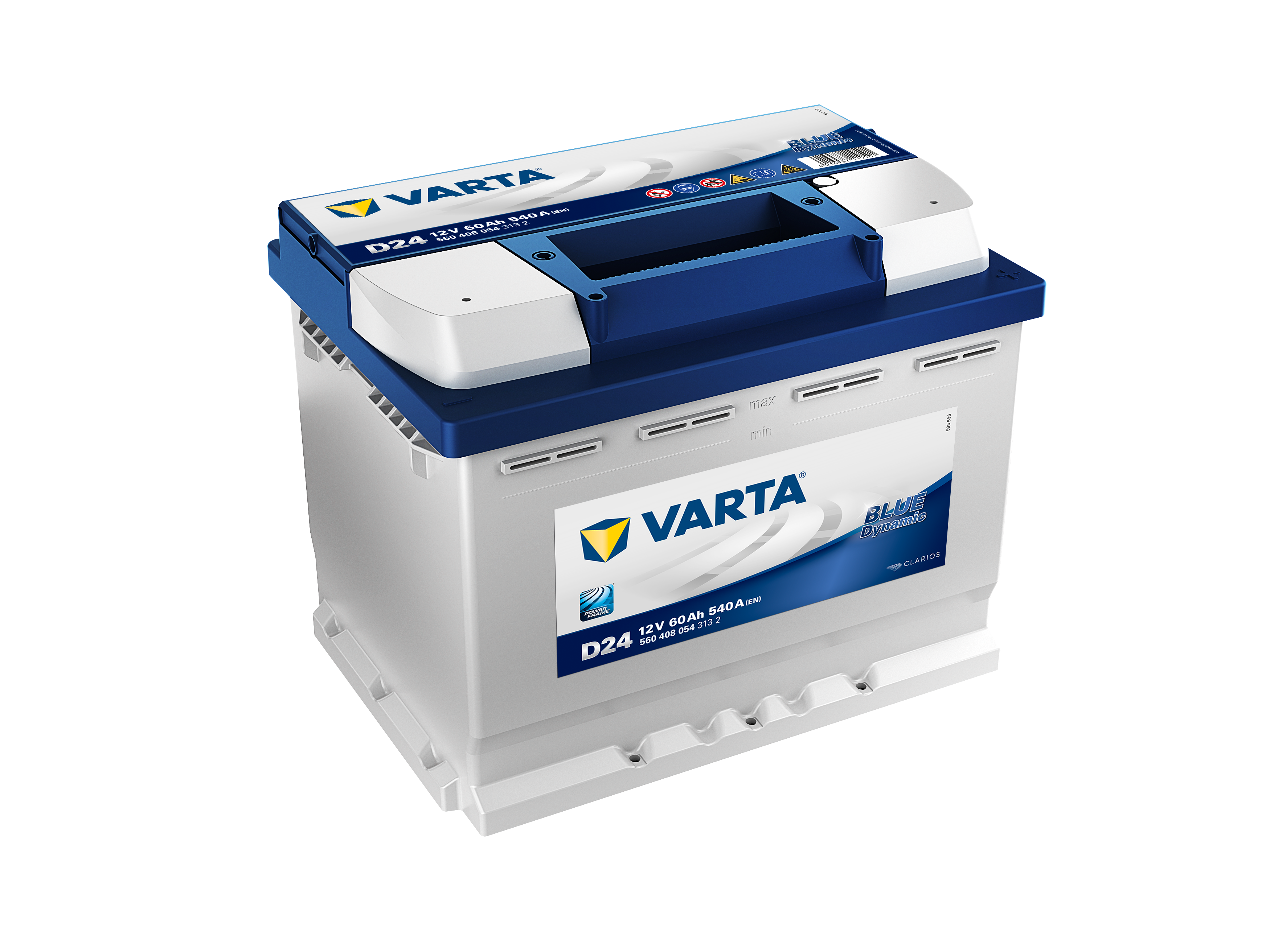 White Varta Automotive Battery With Blue Top And Red Terminal PNG Product Image