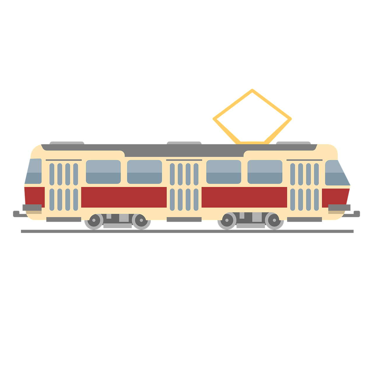 Cream And Red Vintage Tram With Blue Windows And Overhead Wire PNG Illustration
