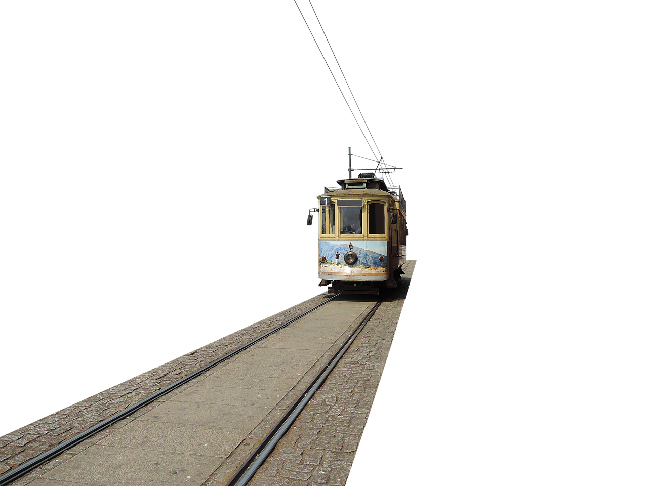 Distant City Tram Traveling Along Urban Railway Tracks PNG Photo