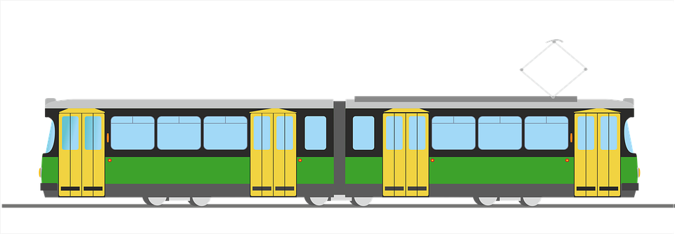 Flat Green And Yellow Tram Car Cartoon Side View PNG Illustration