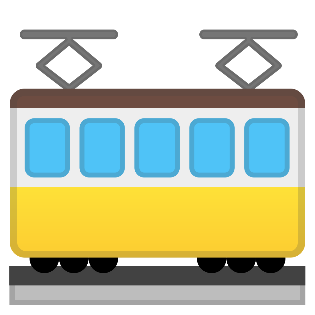 Flat Yellow And Blue Front View Tram Cartoon With Pantograph PNG Clipart