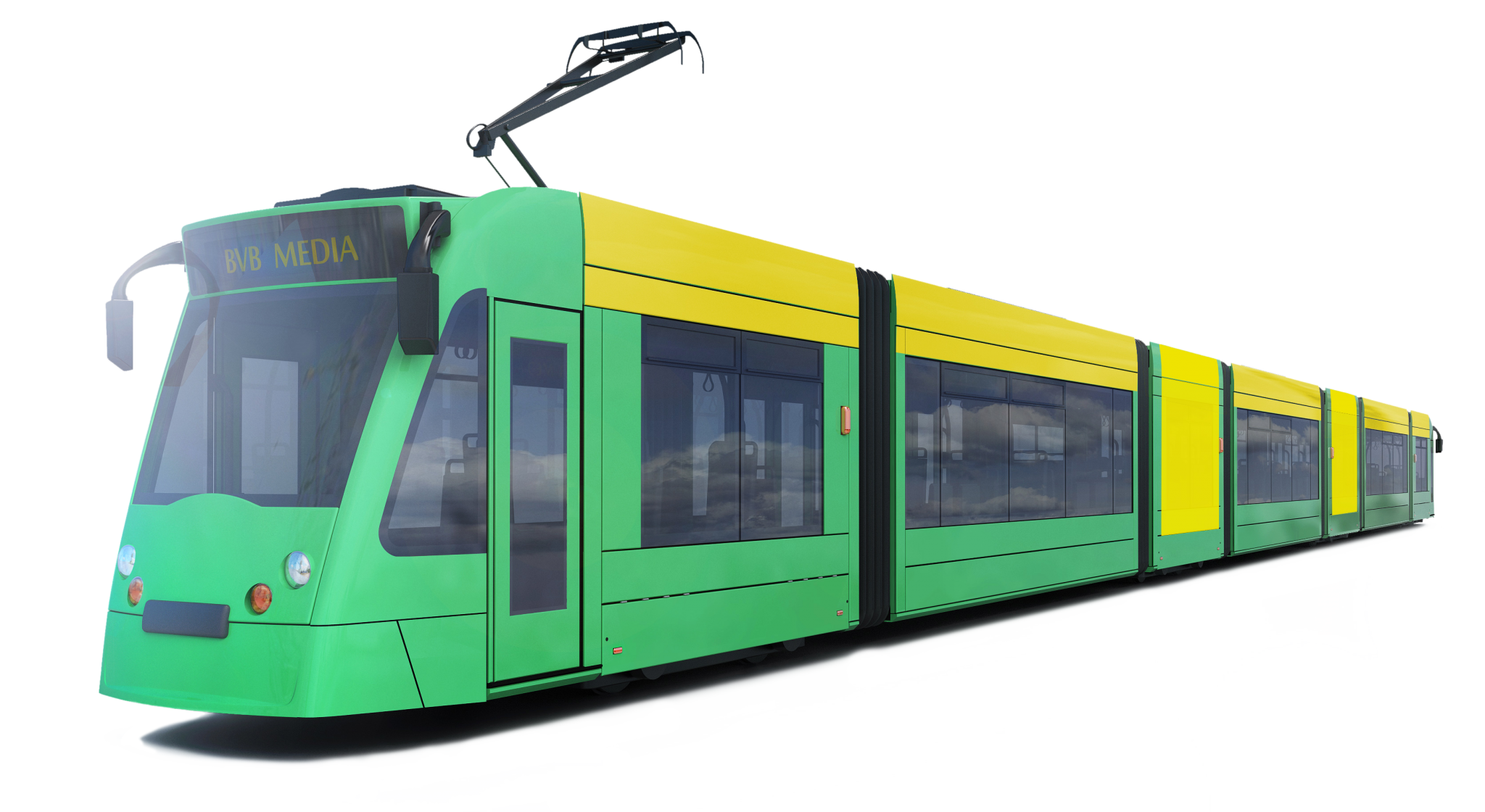 Green And Yellow Articulated City Tram Side View PNG Photo