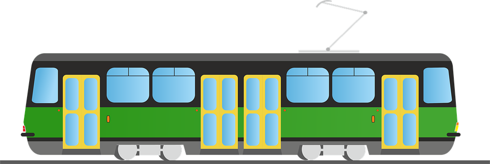 Green And Yellow City Tram With Multiple Passenger Doors PNG Illustration