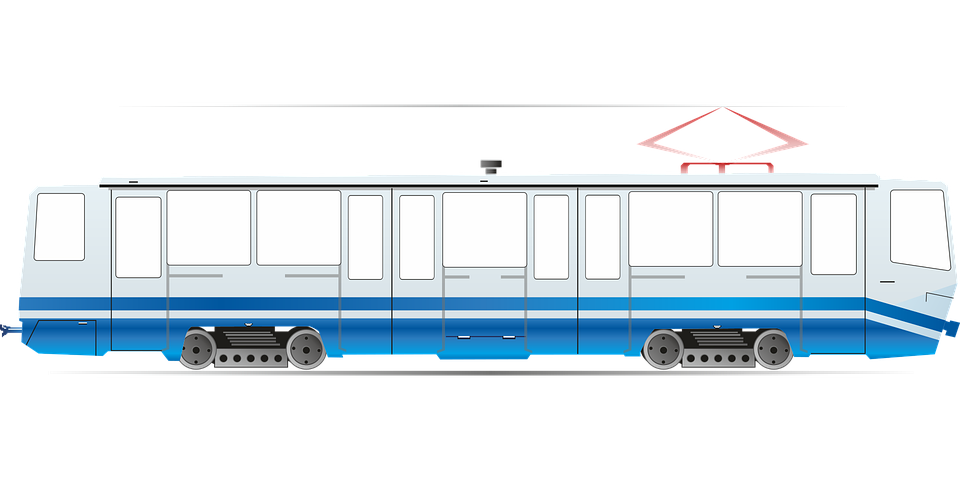 Long White And Blue Electric Tram Side Profile PNG Image