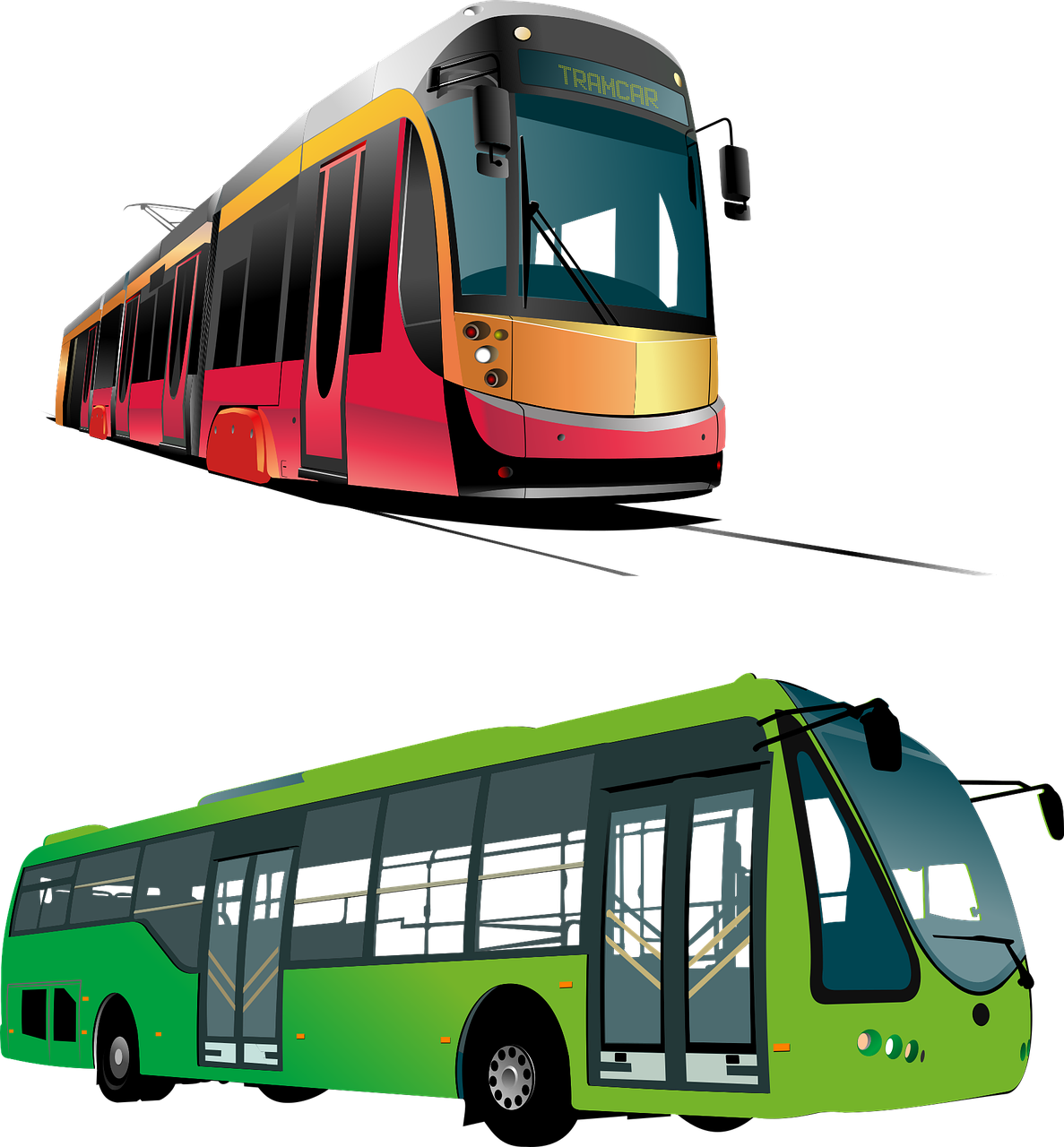 Modern Red Light Rail Tram And Green Trolleybus Transit Pair PNG Graphic