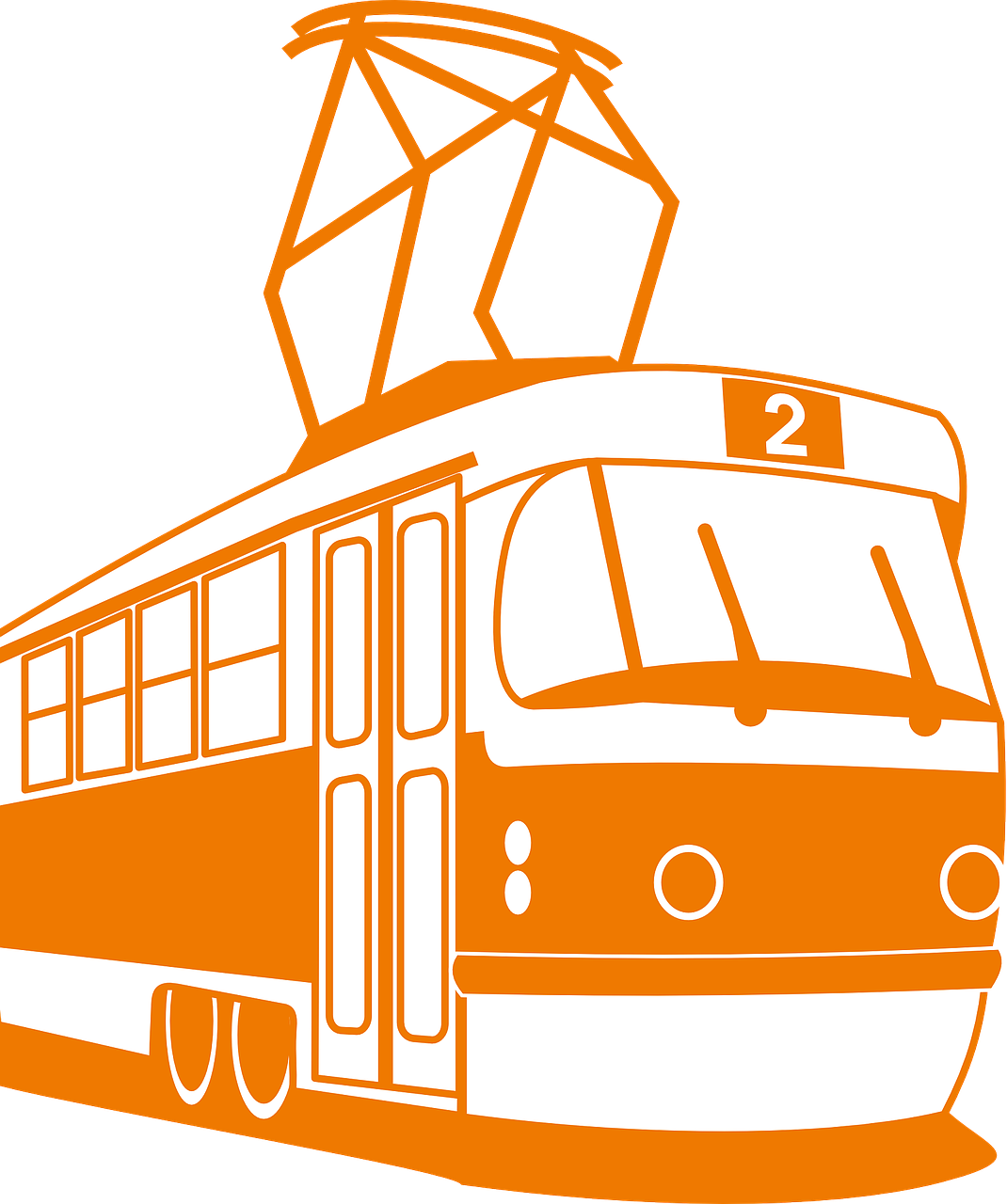 Orange Outline Illustration Of Vintage Streetcar With Roof Wires PNG Artwork