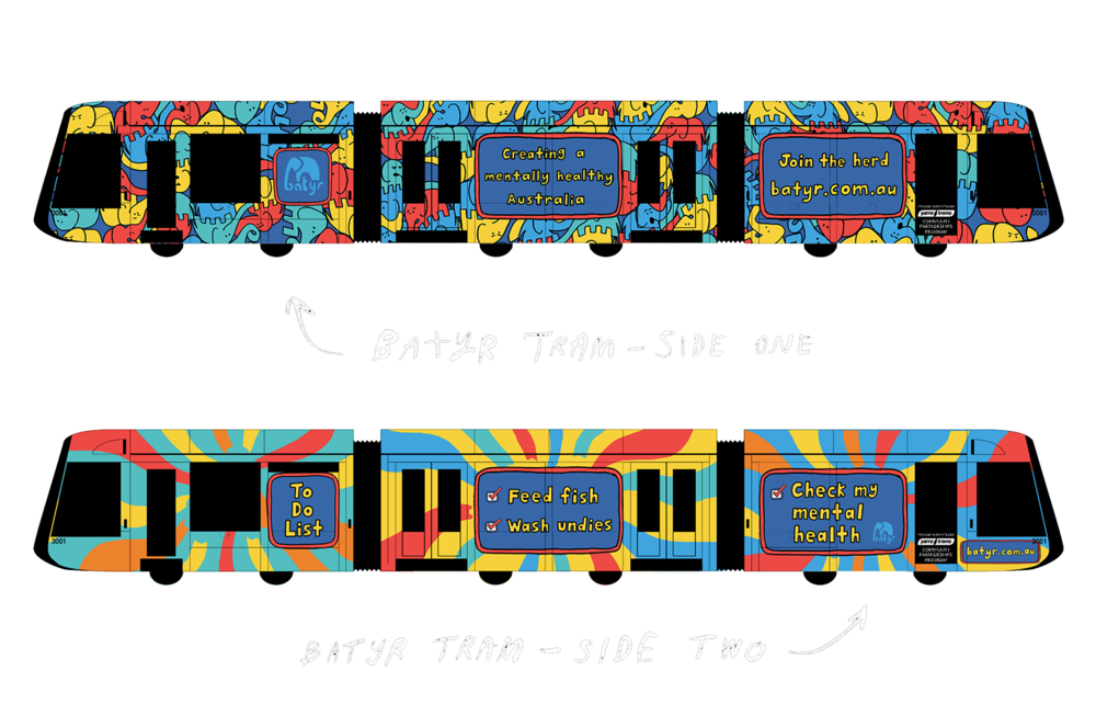 Pair Of Colorfully Decorated Tram Cars With Patterned Wraps PNG Illustration