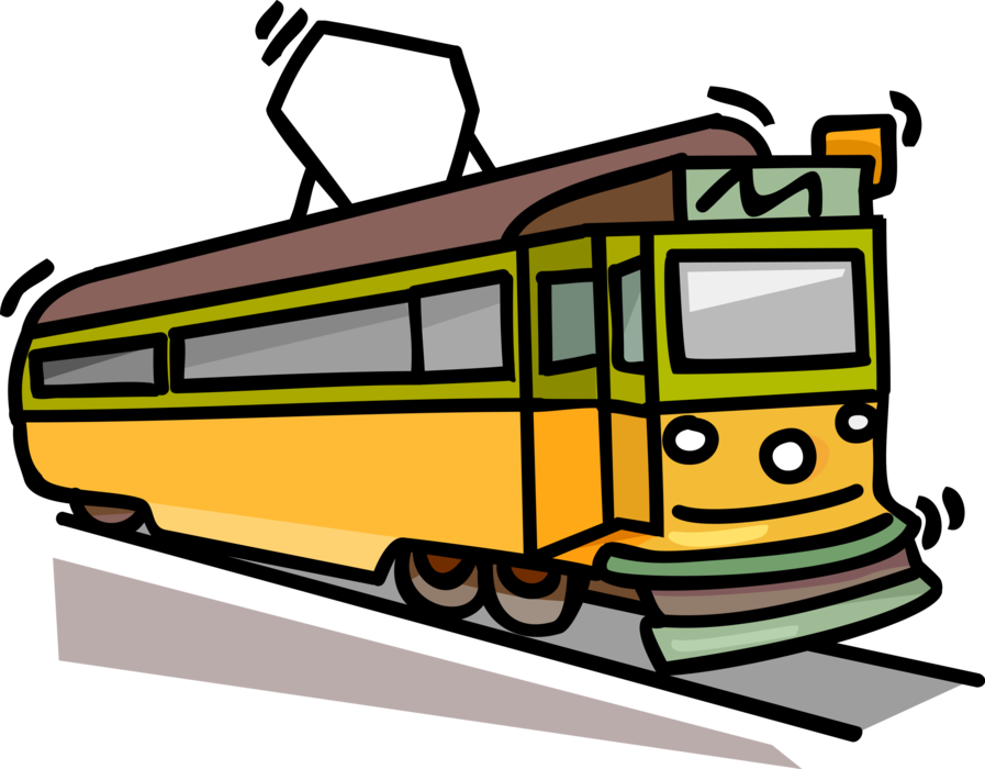 Playful Yellow And Green Cartoon Tram With Motion Lines PNG Illustration