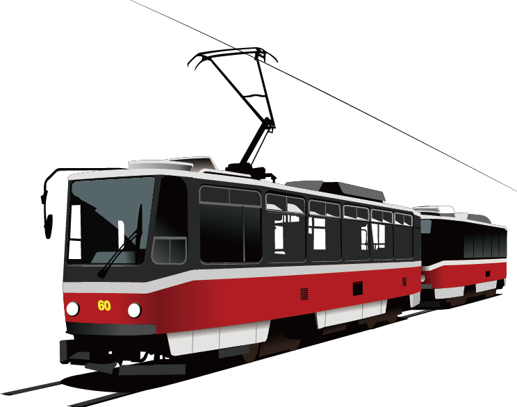 Red And Black Vintage European Electric Tram With Roof Wires PNG Photo