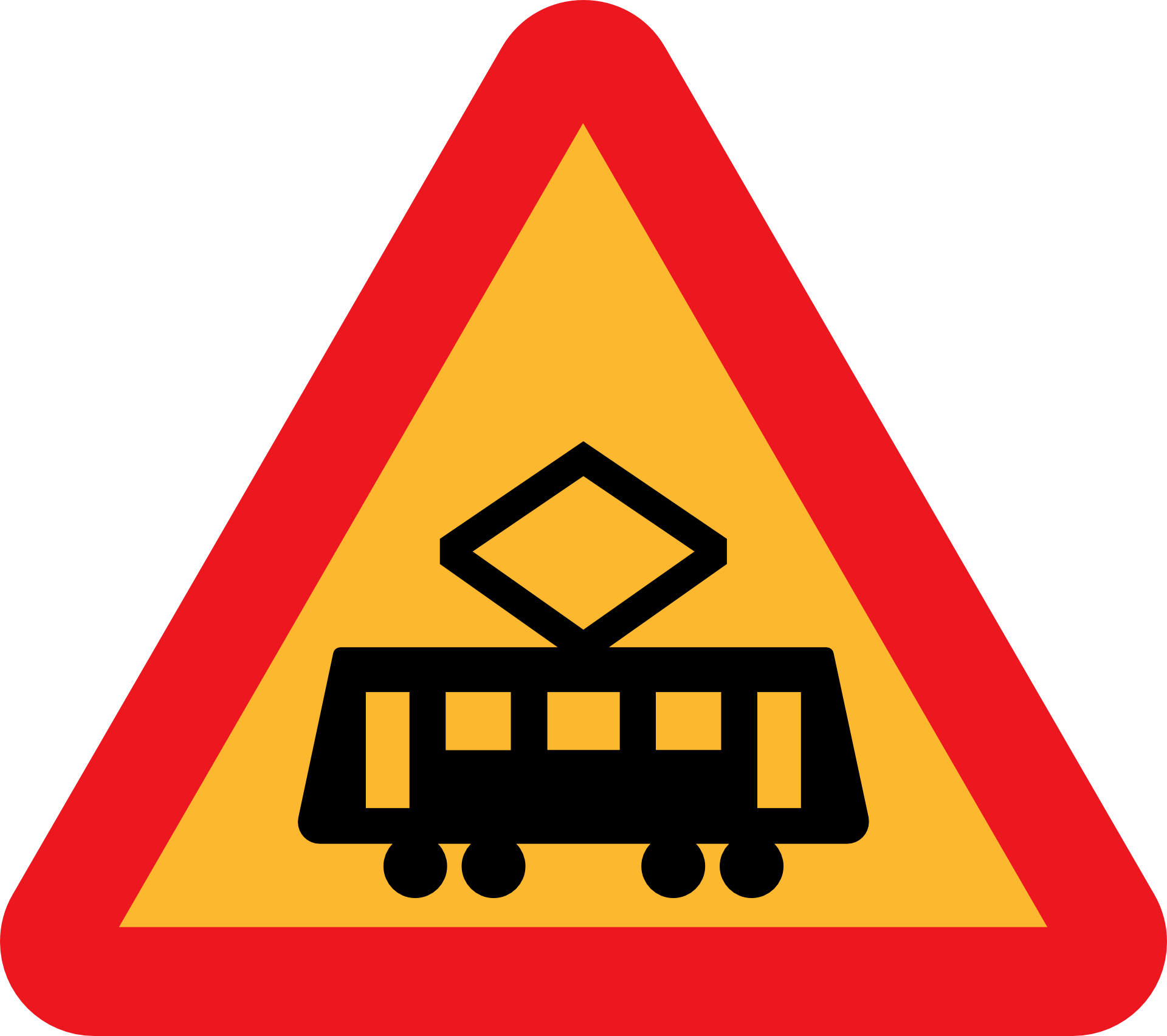 Red Triangular Streetcar Crossing Warning Sign With Pantograph Symbol PNG Icon