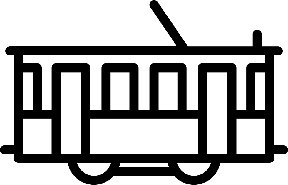 Black Line Drawing Of Classic Open Window Tram With Pantograph PNG Artwork