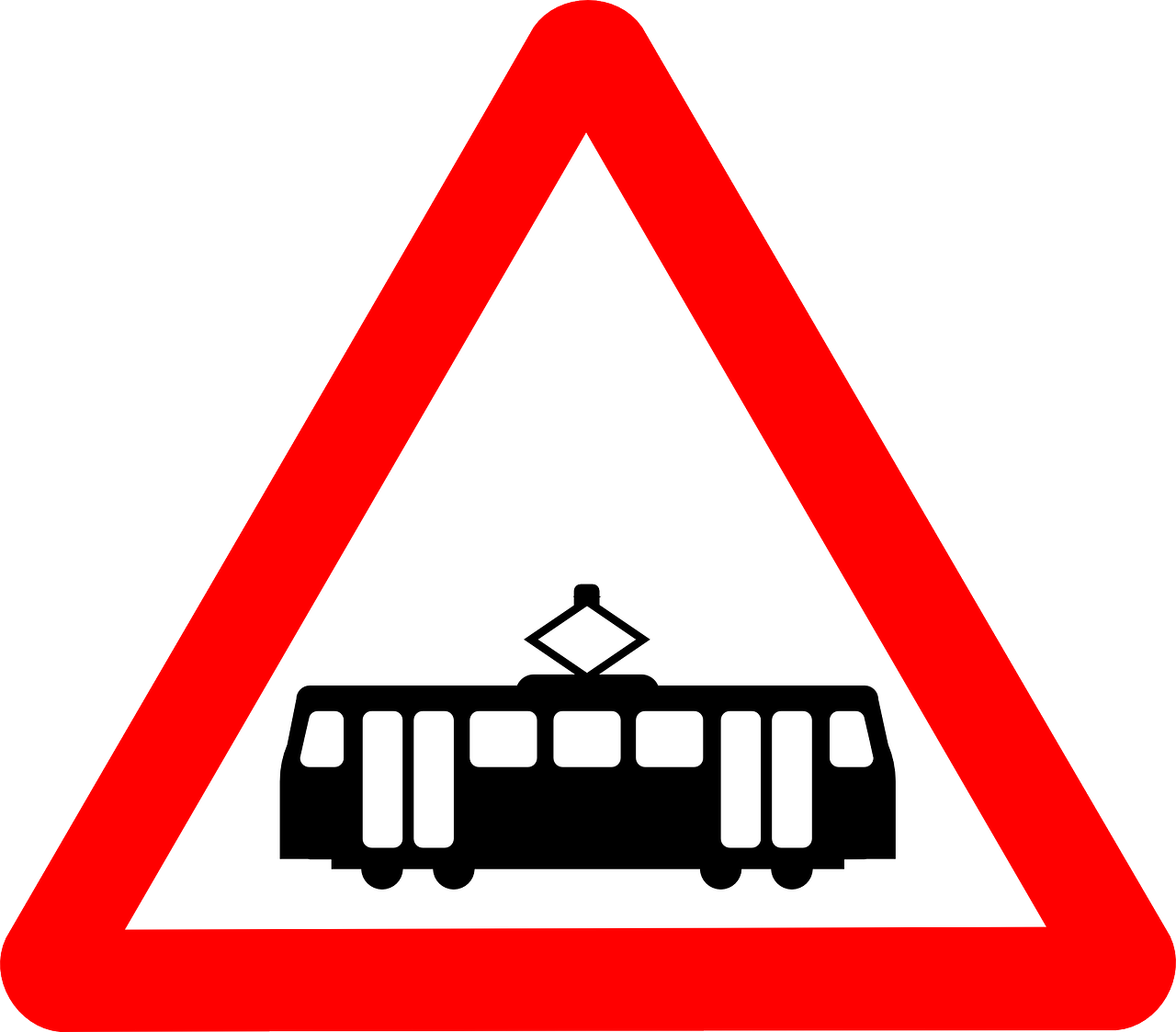 Red Triangular Tram Crossing Warning Sign With Streetcar Symbol PNG Icon