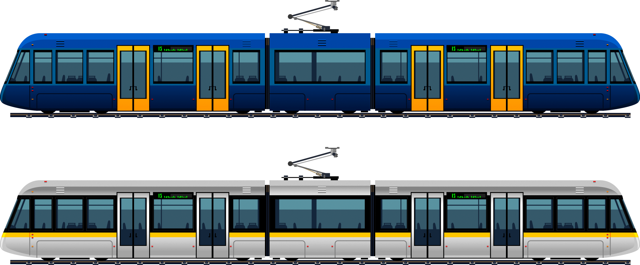 Two Dark Blue Articulated Light Rail Trams Side View PNG Vehicle Graphic