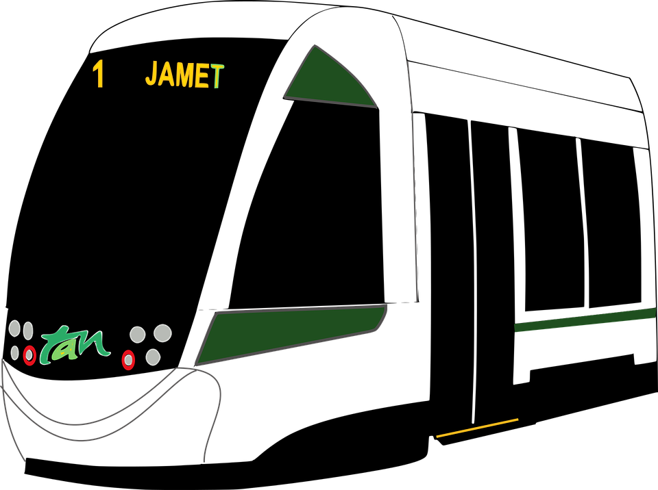 White Modern City Tram With Black Front And Route Display PNG Vehicle Graphic