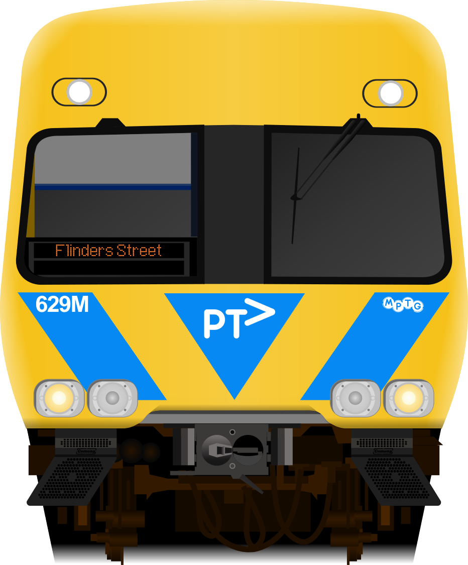 Yellow And Blue Front View Light Rail Tram With Route Panel PNG Image