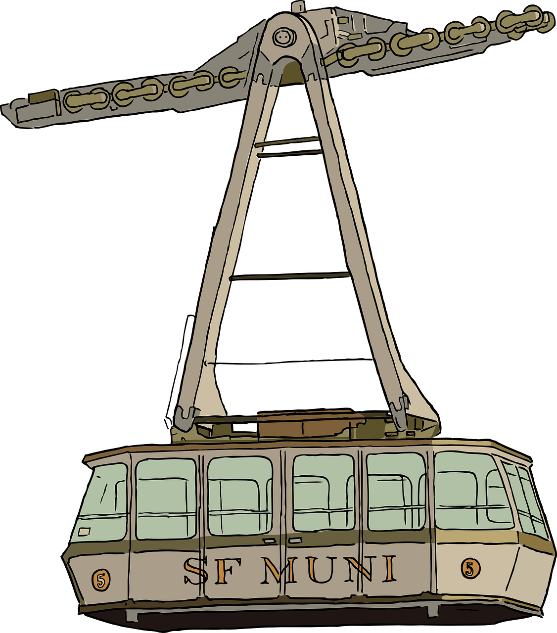 San Francisco Muni Green Cable Car With Overhead Wire PNG Vehicle Illustration