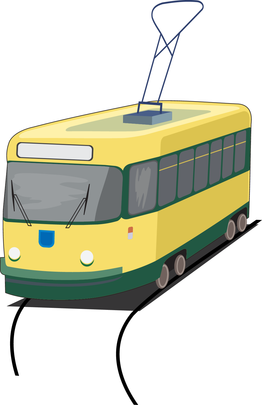 Small Yellow And Green Vintage Tram With Pantograph PNG Illustration