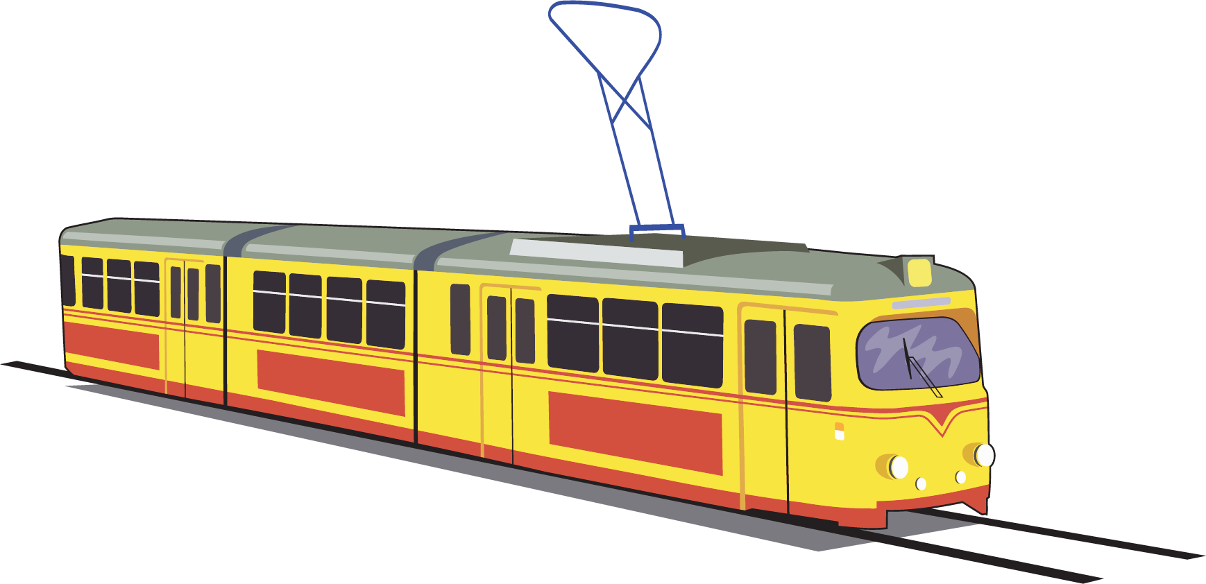 Yellow And Red Classic European Tram Traveling On Rails PNG Illustration