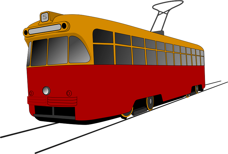 Yellow And Red Vintage Tram Front Three Quarter View PNG Image